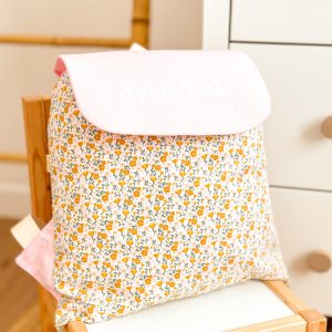 Mochila solapa Flores Mostaza + rosa
